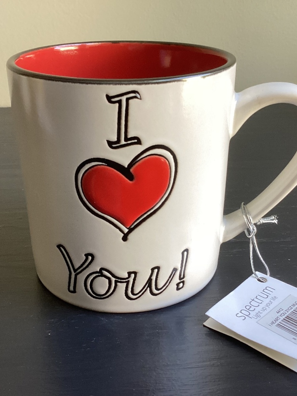 NWT Specrum Ceramic Coffee Mug “I Love You” Embossed 18oz